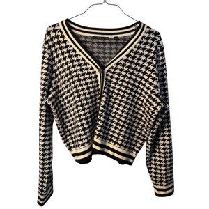 VTG Cyrus Womens XL Houndstooth Tipped Button Front Cardigan Black Cream Preppy
